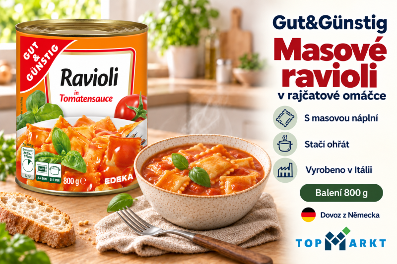 Gut&Günstig masové ravioli v rajčatové omáčce 800 g v útulné kuchyni s miskou hotového jídla a přehledem benefitů