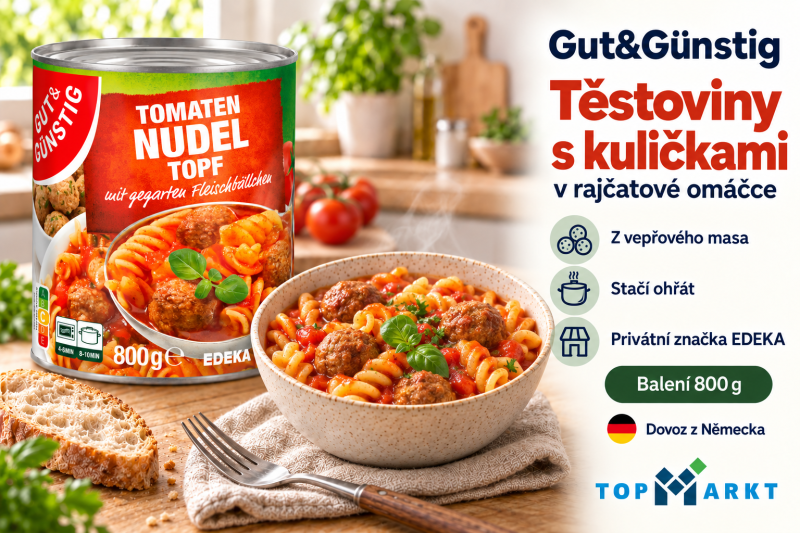 Gut&Günstig těstoviny s masovými kuličkami v rajčatové omáčce 800 g v útulné kuchyni s miskou hotového jídla a přehledem benefitů