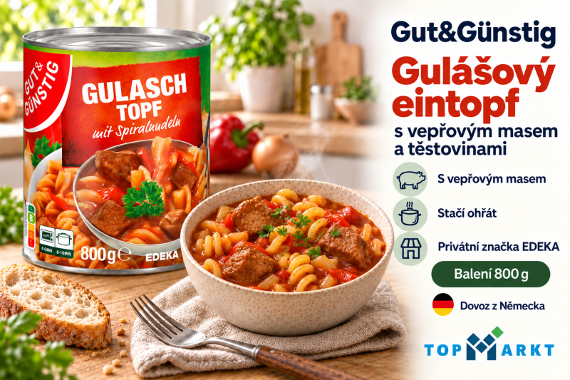 Gut&Günstig gulášový eintopf s vepřovým masem a těstovinami 800 g v útulné kuchyni s miskou hotového jídla a přehledem benefitů
