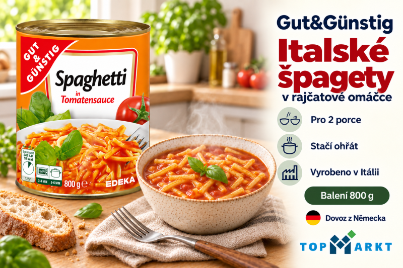 Gut&Günstig italské špagety v rajčatové omáčce 800 g v útulné kuchyni s miskou hotového jídla a přehledem benefitů