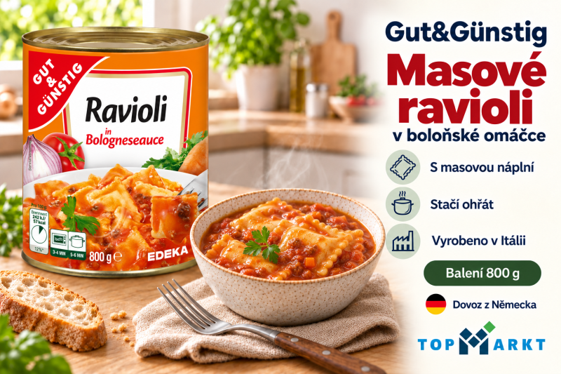 Gut&Günstig masové ravioli v boloňské omáčce 800 g v útulné kuchyni s miskou hotového jídla a přehledem benefitů