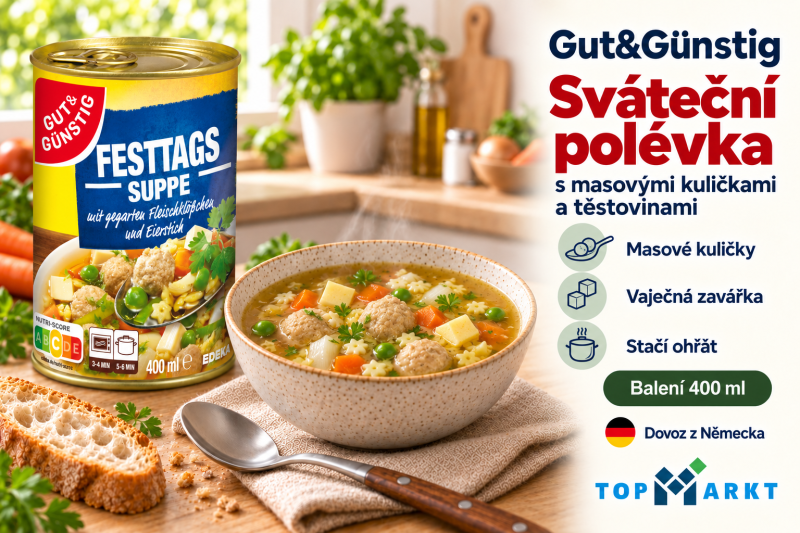 Gut&Günstig sváteční polévka s masovými kuličkami a těstovinami 400 ml v útulné kuchyni s miskou hotové polévky a přehledem benefitů