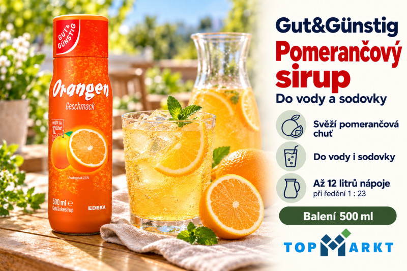 Pomerančový sirup Gut&Günstig 500 ml s osvěžující limonádou, ledem a pomeranči