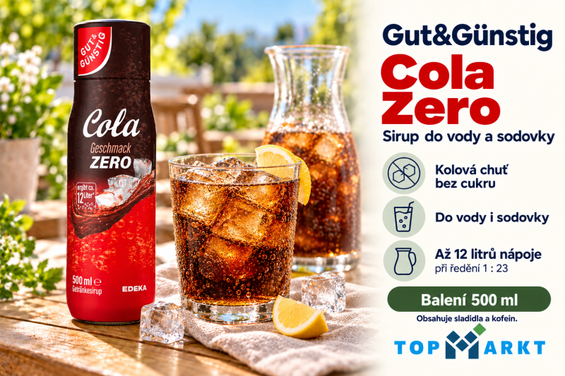 Sirup Gut&Günstig Cola Zero 500 ml se sklenicí kolového nápoje s ledem a citronem
