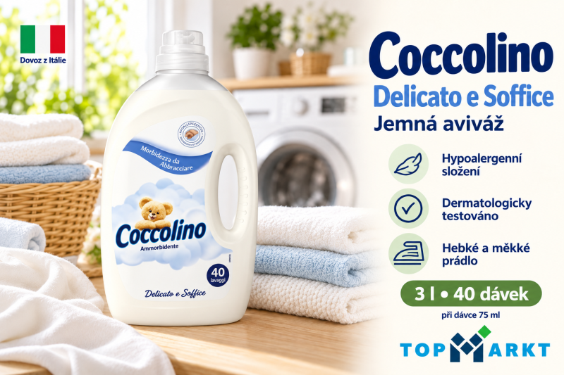 Aviváž Coccolino Delicato e Soffice 3 l vedle hebkého bílého a světle modrého prádla