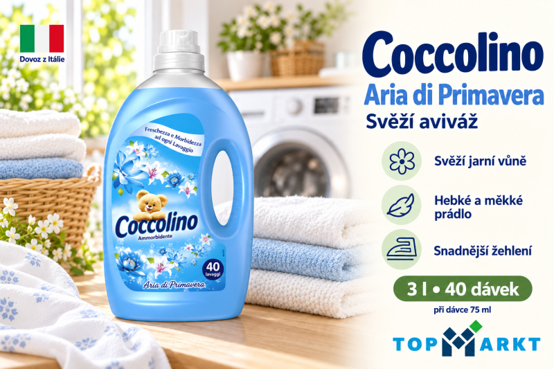Aviváž Coccolino Aria di Primavera 3 l vedle hebkého prádla v jarní atmosféře