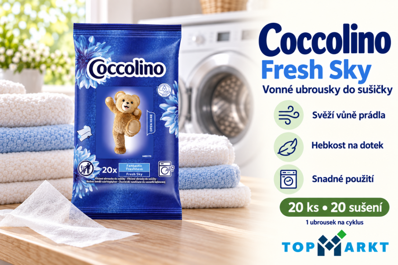 Vlhčené ubrousky do sušičky Coccolino Fresh Sky 20 ks vedle hebkého prádla