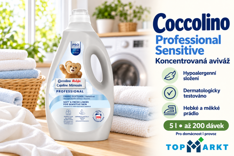 Aviváž Coccolino Professional Sensitive 5 l vedle hebkého bílého a světle modrého prádla