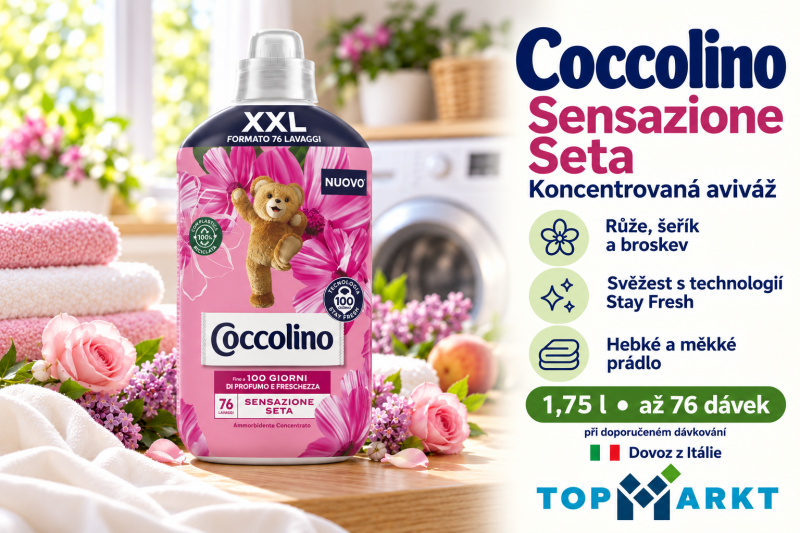 Aviváž Coccolino Sensazione Seta 1,75 l s hebkým prádlem, růžemi, šeříkem a broskví