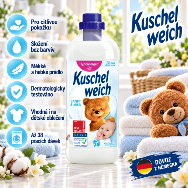 Kuschelweich Sanft & Mild 1 l – aviváž pro citlivou pokožku, až 38 pracích dávek