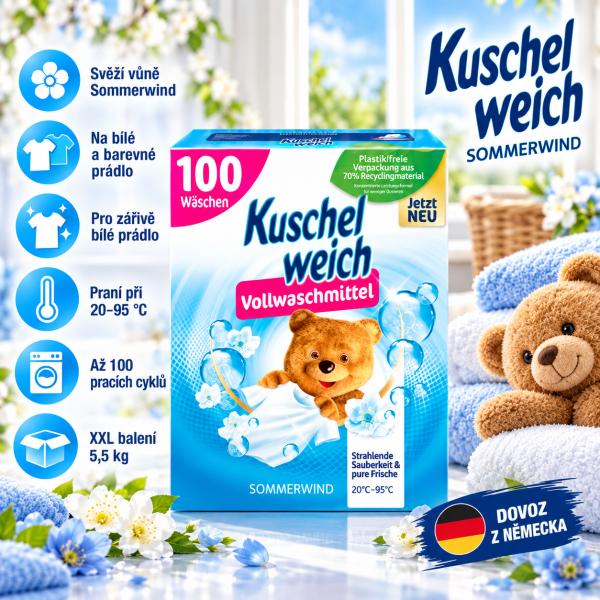 Kuschelweich Sommerwind XXL 5,5 kg – prací prášek na bílé a barevné prádlo, až 100 pracích cyklů