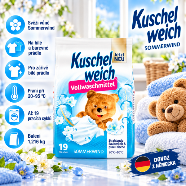 Kuschelweich Sommerwind 1,216 kg – prací prášek na bílé a barevné prádlo, až 19 pracích cyklů