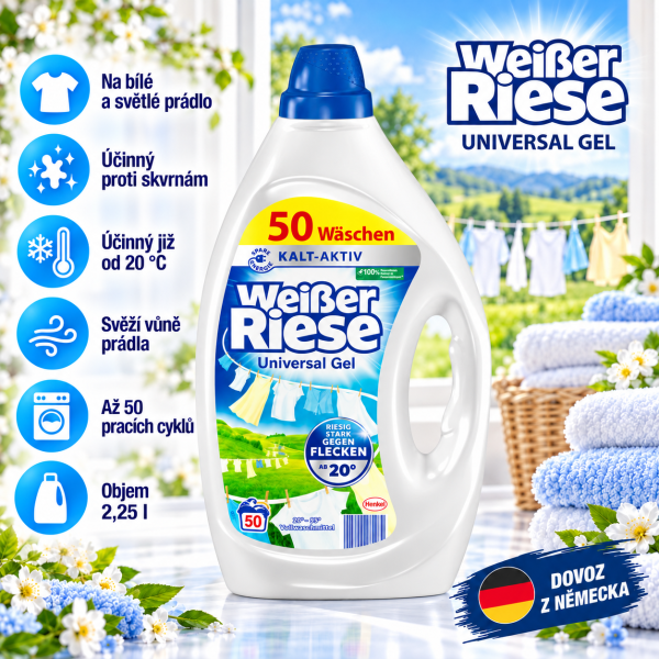 Weisser Riese Universal 2,25 l – prací gel na bílé a světlé prádlo, až 50 pracích cyklů