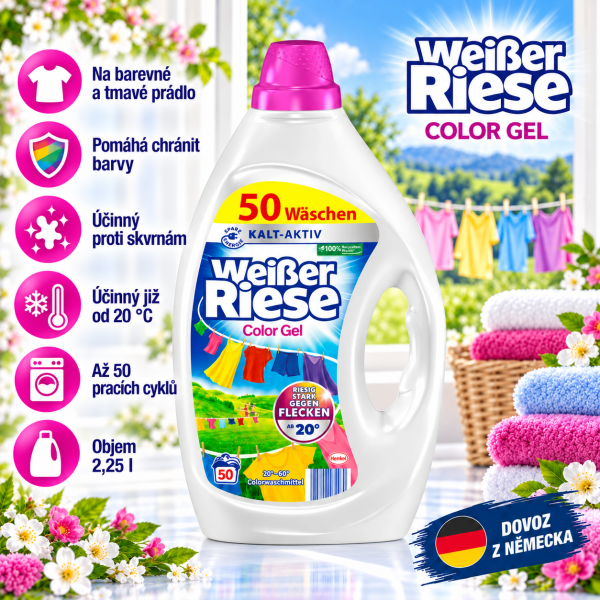 Weisser Riese Color 2,25 l – prací gel na barevné a tmavé prádlo, až 50 pracích cyklů