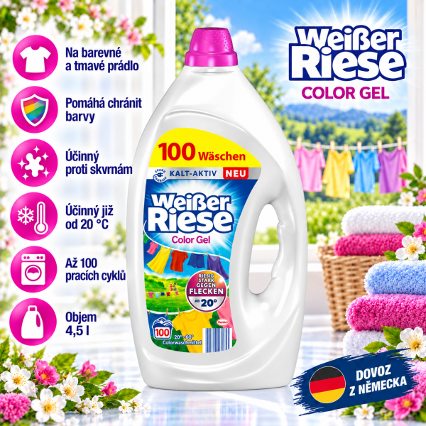 Weisser Riese Color 4,5 l – prací gel na barevné a tmavé prádlo, až 100 pracích cyklů