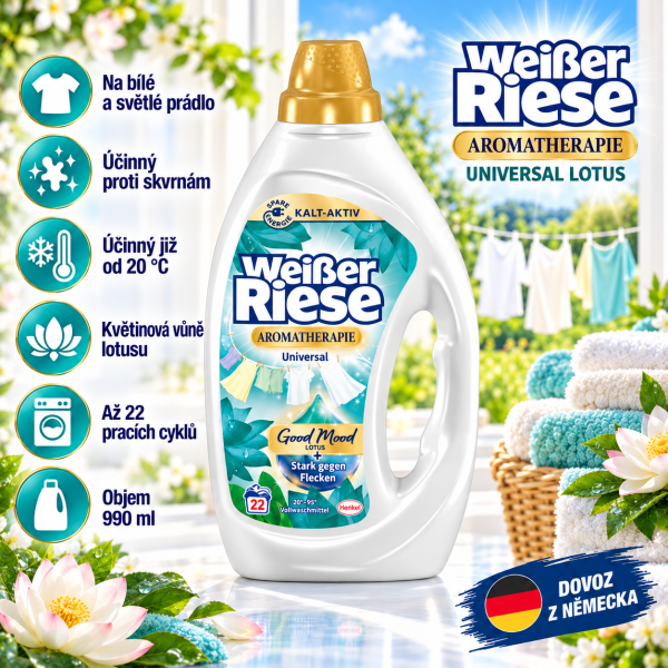 Weisser Riese Aromatherapie Universal Lotus 990 ml – prací gel na bílé a světlé prádlo s vůní lotusu, až 22 pracích cyklů