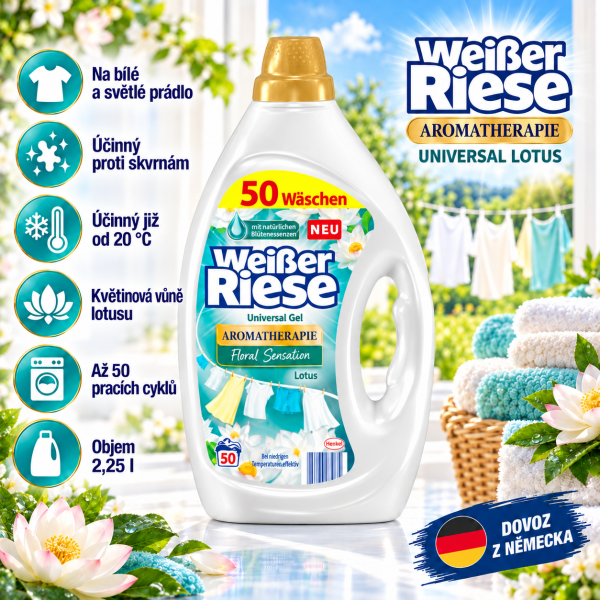 Weisser Riese Aromatherapie Universal Lotus 2,25 l – prací gel na bílé a světlé prádlo s vůní lotusu, až 50 pracích cyklů