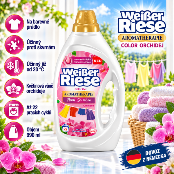 Weisser Riese Color Aromatherapie Orchidej 990 ml – prací gel na barevné prádlo s vůní orchideje, až 22 pracích cyklů