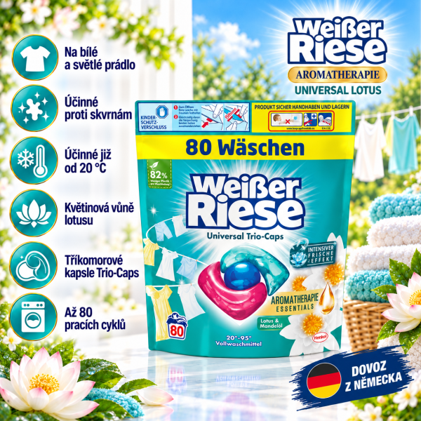 Weisser Riese Universal Aromatherapie Lotus – 80 pracích kapslí na bílé a světlé prádlo s vůní lotusu, až 80 pracích cyklů