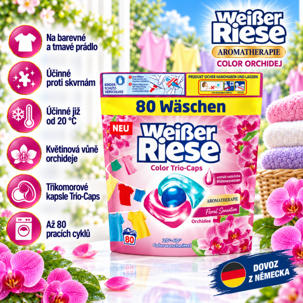Weisser Riese Color Aromatherapie Orchidej – 80 pracích kapslí na barevné a tmavé prádlo s vůní orchideje, až 80 pracích cyklů