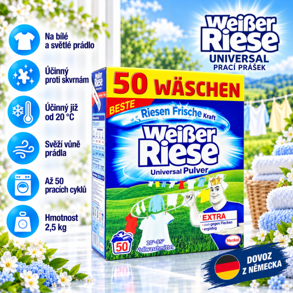 Weisser Riese Universal – prací prášek na bílé a světlé prádlo, balení 2,5 kg až pro 50 pracích cyklů