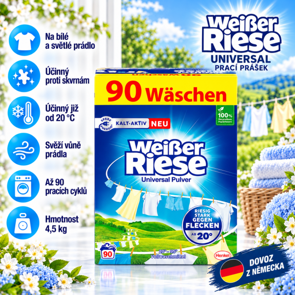 Weisser Riese Universal – prací prášek na bílé a světlé prádlo, balení 4,5 kg až pro 90 pracích cyklů