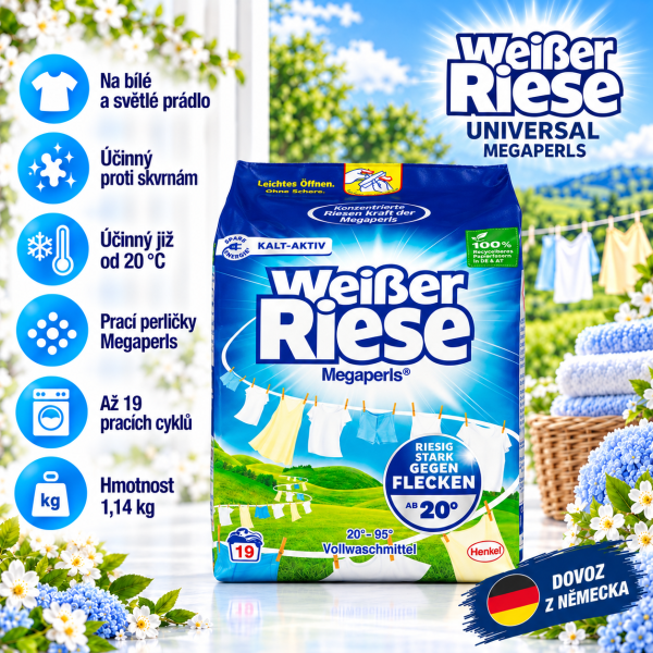 Weisser Riese Universal Megaperls – prací prášek na bílé a světlé prádlo, balení 1,14 kg až pro 19 pracích cyklů