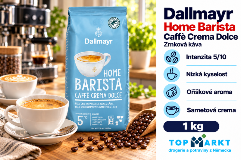 Modré balení zrnkové kávy Dallmayr Home Barista Caffè Crema Dolce 1 kg se šálkem kávy v útulném domácím kávovém koutku
