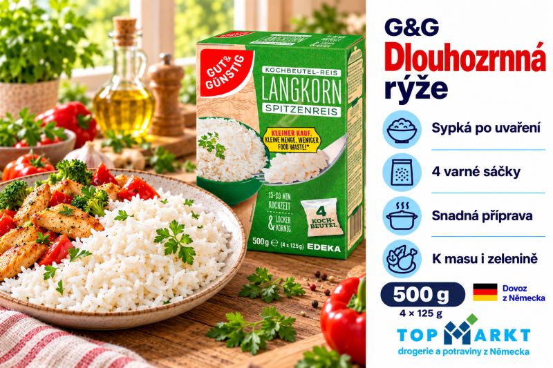 G&G dlouhozrnná rýže 500 g ve varných sáčcích, podávaná s kuřecím masem, paprikou a brokolicí