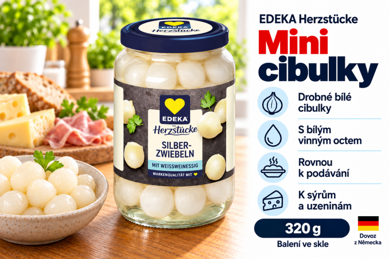 EDEKA Herzstücke mini cibulky s bílým vinným octem 320 g v kuchyni se sýry a pečivem