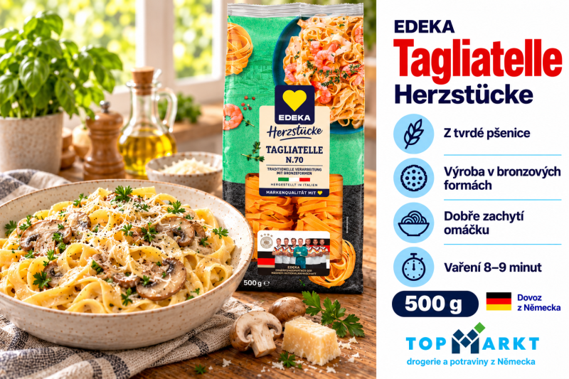 EDEKA Herzstücke Tagliatelle, balení 500 g, s širokými nudlemi ve smetanové omáčce s houbami, bylinkami a sýrem