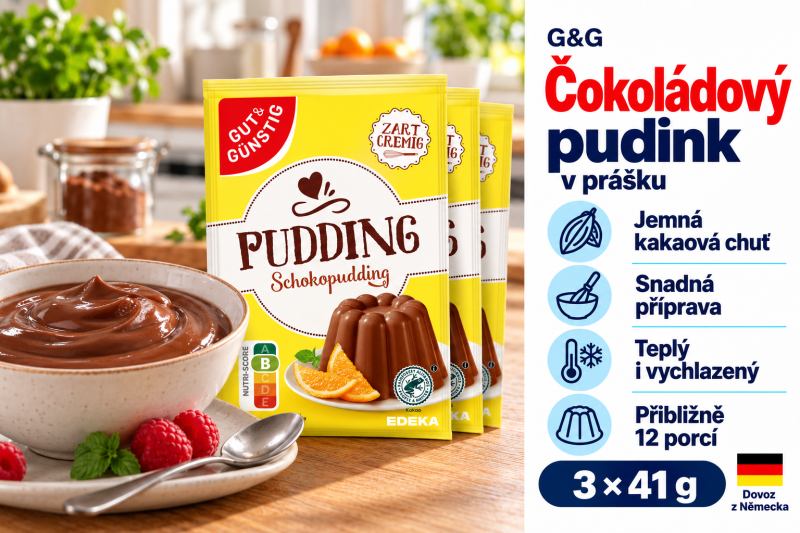G&G čokoládový pudink 3 × 41 g s miskou pudinku a malinami v prosluněné kuchyni