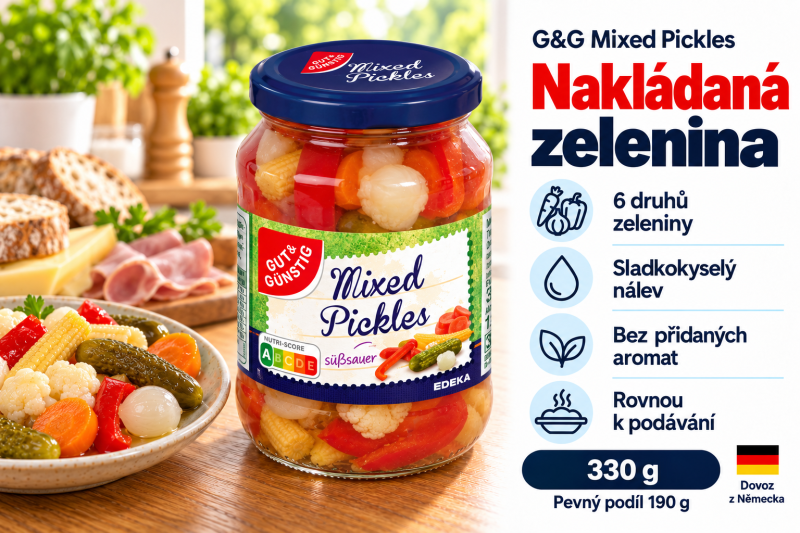 G&G Mixed Pickles nakládaná zelenina ve sladkokyselém nálevu 330 g podávaná se sýry, uzeninou a pečivem