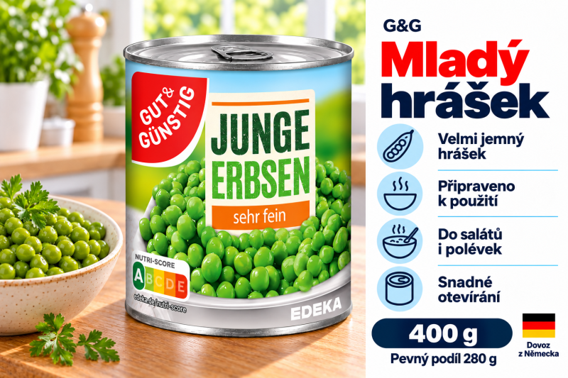 G&G mladý hrášek 400 g v moderní kuchyni s miskou hrášku jako tipem na servírování