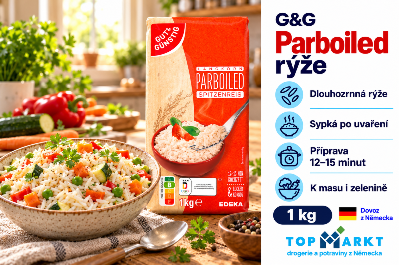 G&G Parboiled dlouhozrnná rýže 1 kg vedle misky sypké rýže se zeleninou v domácí kuchyni