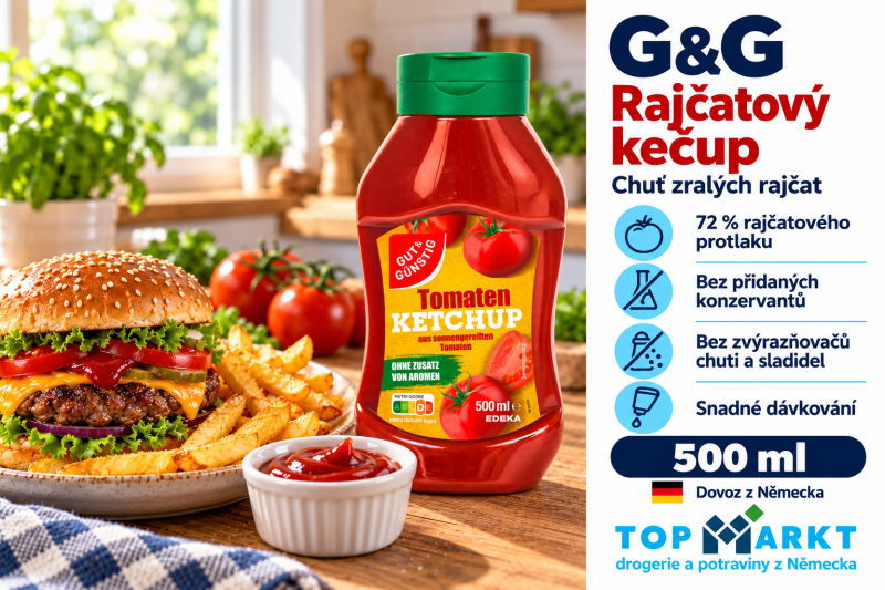 G&G rajčatový kečup 500 ml s domácím burgerem a hranolky v útulné kuchyni