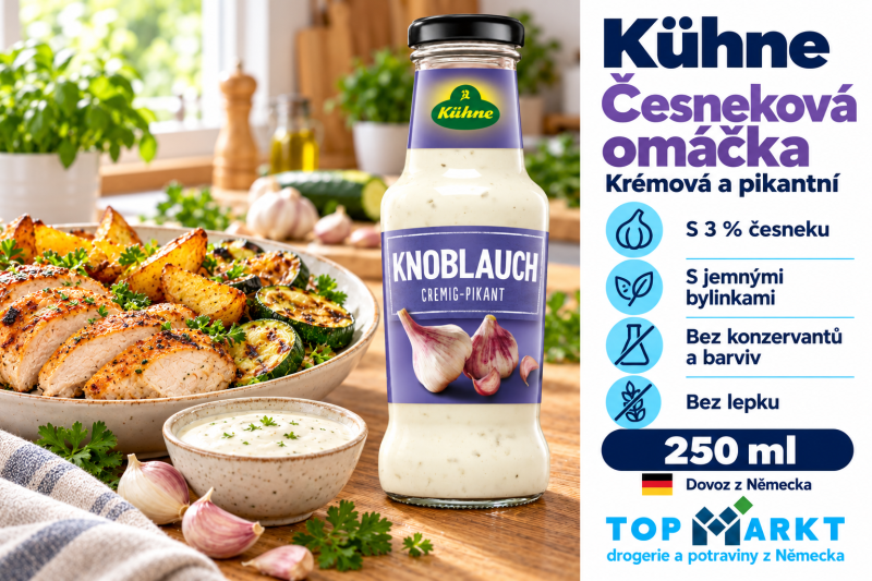 Kühne česneková omáčka s bylinkami 250 ml s grilovaným kuřetem, pečenými bramborami a zeleninou v domácí kuchyni