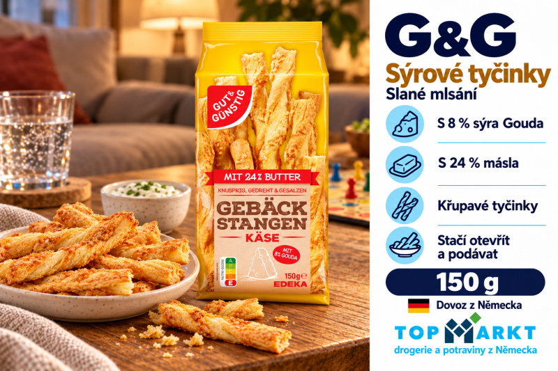 G&G slané tyčinky se sýrem Gouda 150 g s talířem křupavých tyčinek a dipem v útulném obývacím pokoji