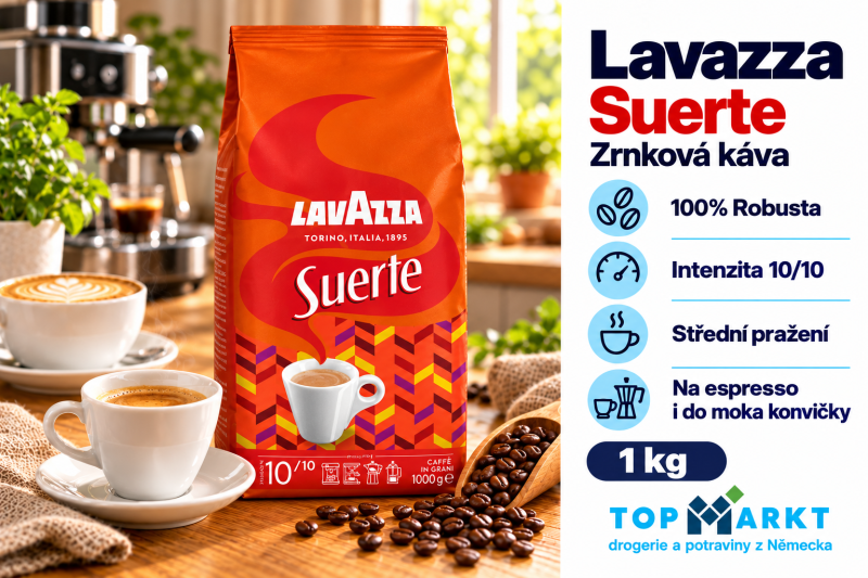 Zrnková káva Lavazza Suerte 1 kg se šálkem espressa v útulném domácím kávovém koutku