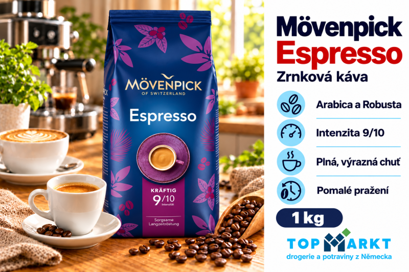 Zrnková káva Mövenpick Espresso 1 kg se šálkem espressa v útulném domácím kávovém koutku