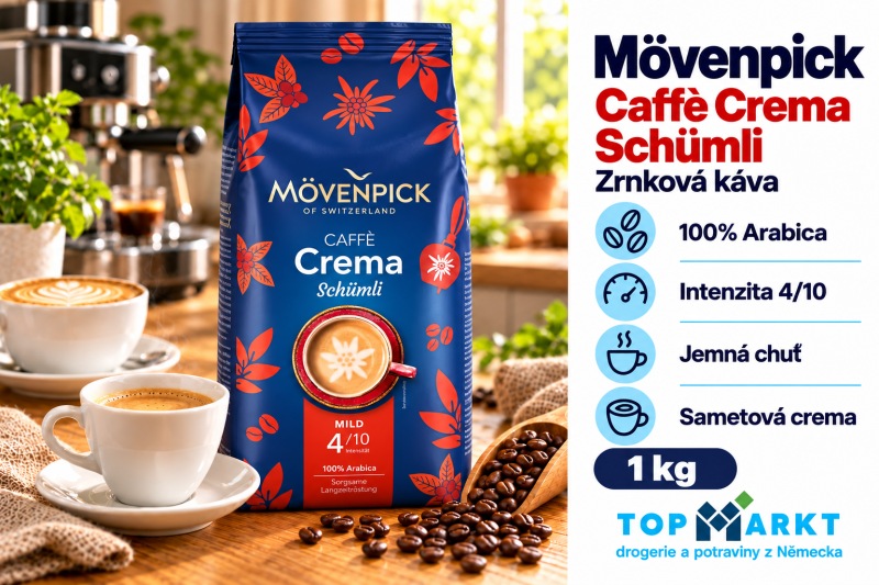 Zrnková káva Mövenpick Caffè Crema Schümli 1 kg se šálkem kávy v útulném domácím kávovém koutku
