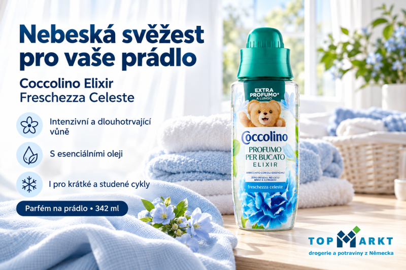 Parfém na prádlo Coccolino Elixir Freschezza Celeste 342 ml s modrobílými ručníky a květinami