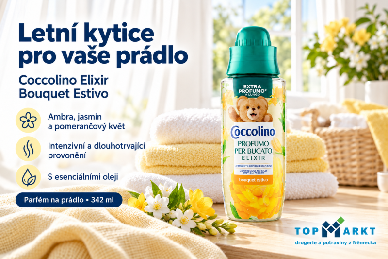 Parfém na prádlo Coccolino Elixir Bouquet Estivo 342 ml se žlutobílými ručníky a letními květinami