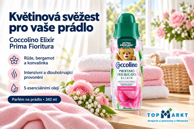 Parfém na prádlo Coccolino Elixir Prima Fioritura 342 ml s růžovými a bílými ručníky, růžemi a konvalinkami