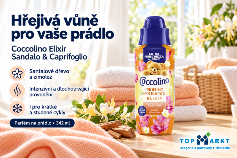 Parfém na prádlo Coccolino Elixir Sandalo & Caprifoglio 342 ml s oranžovými a bílými ručníky, zimolezem a santalovým dřevem