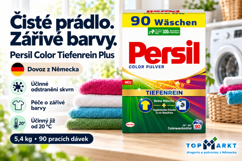 Persil Color Tiefenrein Plus prací prášek 5,4 kg na 90 dávek vedle barevného prádla – dovoz z Německa