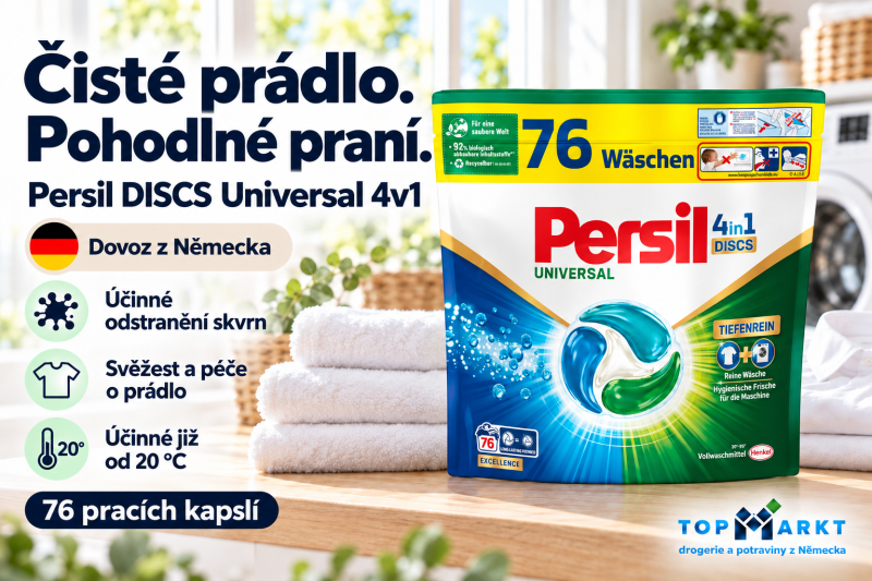 Persil DISCS Universal 4v1, balení 76 pracích kapslí vedle bílého prádla – dovoz z Německa