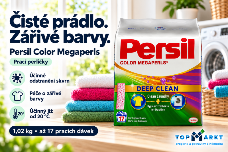 Persil Color Megaperls prací perličky na barevné prádlo, balení 1,02 kg až na 17 dávek, vedle složených barevných ručníků