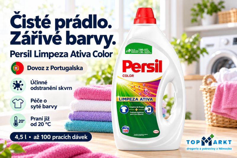 Persil Limpeza Ativa Color prací gel na barevné prádlo 4,5 l až na 100 dávek, dovoz z Portugalska, vedle složených barevných ručníků
