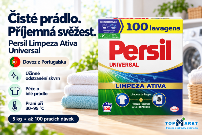 Persil Limpeza Ativa Universal prací prášek 5 kg až na 100 dávek, dovoz z Portugalska, vedle složených světlých ručníků